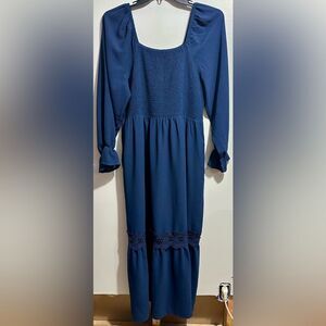 Square Neck Smocked Dress Blue Midi (648)
